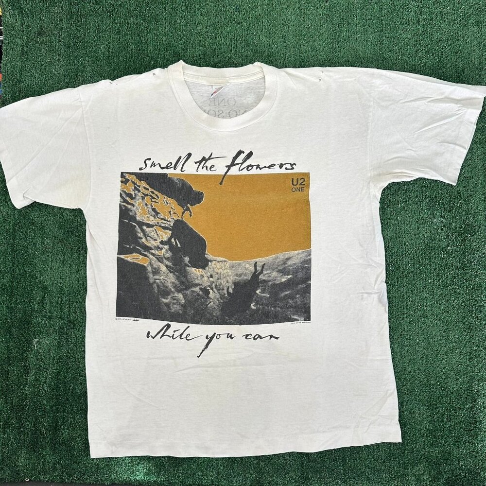 Vintage 90s U2 Smell The Flowers T-Shirt Grunge Punk Single Stitch White L Rock